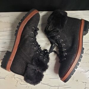 kate spade Black Fur Trim Lace-Up Boots